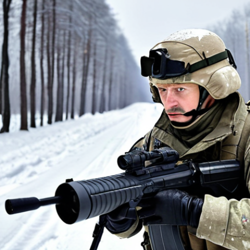 Home 11 A soldier in a Polish Graniczna Placówka Operacyjna (GOP), during a patrol on a snowy border. He is equipped with modern technology, including a thermal camera, scanning the area for illegal activity. The scene should depict the challenges of border security in harsh winter conditions.
