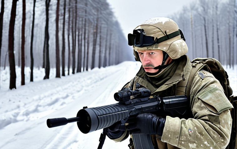 A soldier in a Polish Graniczna Placówka Operacyjna (GOP), during a patrol on a snowy border. He is equipped with modern technology, including a thermal camera, scanning the area for illegal activity. The scene should depict the challenges of border security in harsh winter conditions.