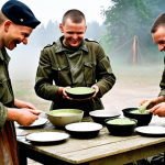 **Prompt:** A group of Polish soldiers, covered in mud, smiles wearily around a makeshift table in a military camp after a long training exercise. Steaming bowls of *grochówka* (pea soup) sit before them, and they are tearing off chunks of *chleb z pasztetem* (bread with pate). The atmosphere is camaraderie and shared hardship, with a misty Polish landscape in the background.