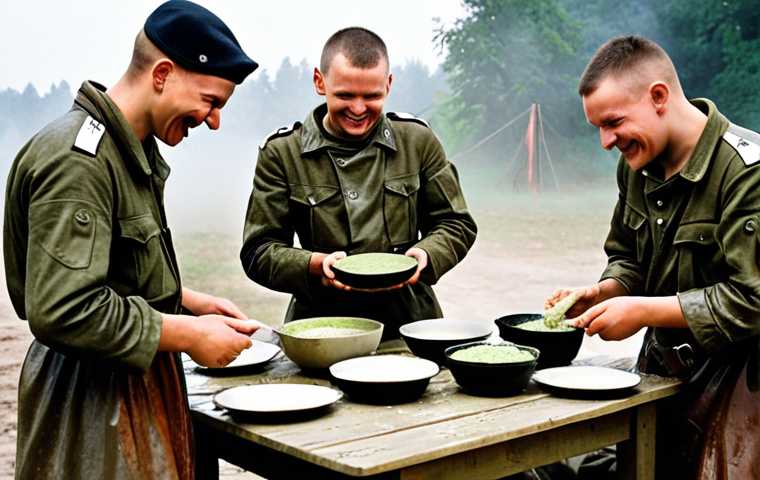 **Prompt:** A group of Polish soldiers, covered in mud, smiles wearily around a makeshift table in a military camp after a long training exercise. Steaming bowls of *grochówka* (pea soup) sit before them, and they are tearing off chunks of *chleb z pasztetem* (bread with pate). The atmosphere is camaraderie and shared hardship, with a misty Polish landscape in the background.
